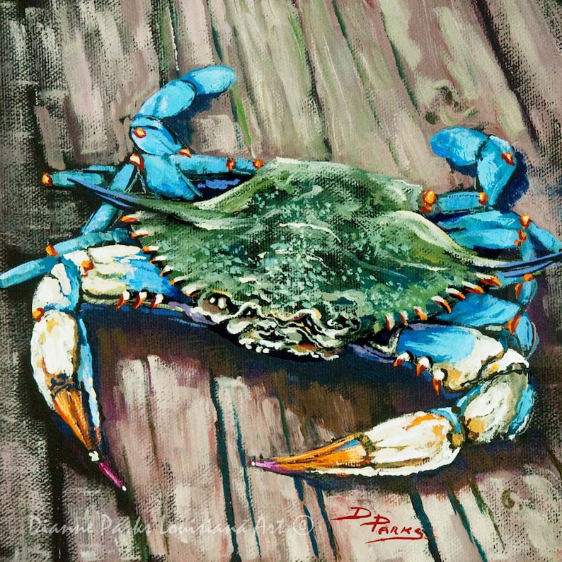 Louisiana Blue Crab on Dock, New Orleans Seafood Painting, Gulf Coast Blue Crab, Louisiana Seafood Art by New Orleans Artist 'Crabby Blue' image 1