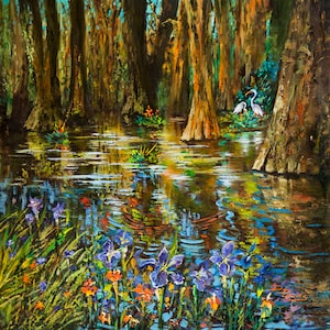 Louisiana Swamp Iris, Wildflowers and Egrets in the Louisiana Swamp, Impressionist Wildlife and Swamp, Louisiana Painting - 'Swamp Iris'