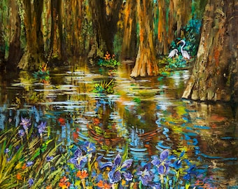 May include: A painting of a swamp scene with tall trees and a still body of water. The water reflects the trees and the sky. There are white birds in the water and purple flowers in the foreground.