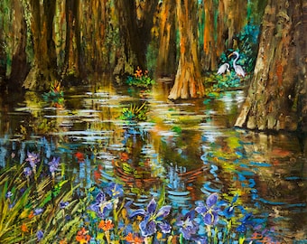 Louisiana Swamp Iris, Wildflowers and Egrets in the Louisiana Swamp, Impressionist Wildlife and Swamp, Louisiana Painting - 'Swamp Iris'