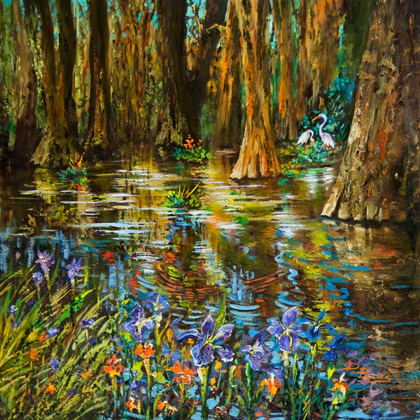 Louisiana Swamp Iris, Wildflowers and Egrets in the Louisiana Swamp, Impressionist Wildlife and Swamp, Louisiana Painting - 'Swamp Iris'