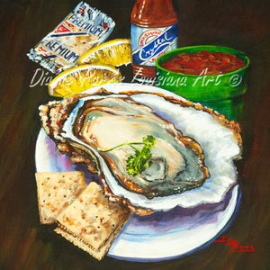 Louisiana Oyster, Raw Oyster and Crystal Hot Sauce, New Orleans Hot Sauce, Seafood Art Painting, New Orleans Food Art - 'Oyster and Crystal'