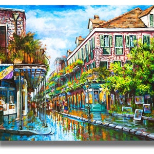 Giclee canvas view of French Quarter painting with vibrant colors and bring to life the street scene, reflecting the old-world atmosphere unique to New Orleans.