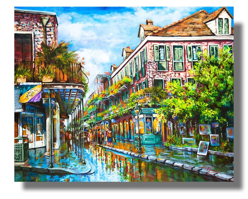 Giclee canvas view of French Quarter painting with vibrant colors and bring to life the street scene, reflecting the old-world atmosphere unique to New Orleans.
