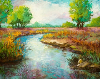 ORIGINAL PAINTING,  Pastel Landscape Painting, Louisiana Marsh Painting, 12" x 9" -  'Bayou Fire'