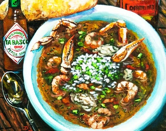 Seafood Gumbo, Crabs, Shrimp, Oysters in New Orleans Seafood Gumbo, New Orleans Seafood Painting, New Orleans Food Art - 'Seafood Gumbo'