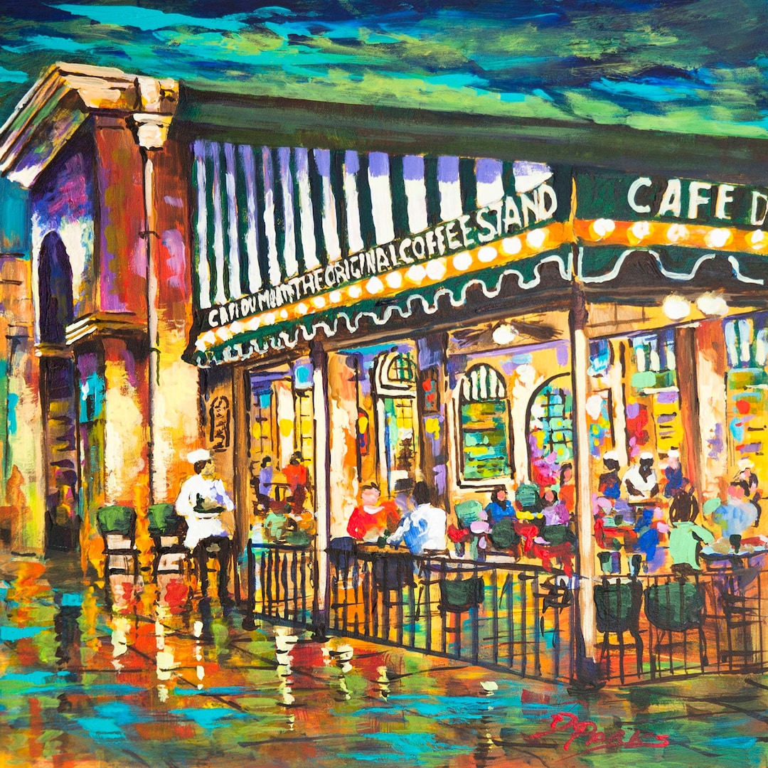 絵画　cafe Café Du Monde Night: New Orleans French Quarter, Art Print or