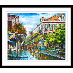 Print view of French Quarter painting with vibrant colors and bring to life the street scene, reflecting the old-world atmosphere unique to New Orleans.