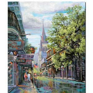 May include: A painting of a street scene in New Orleans, Louisiana. The street is lined with buildings, some of which have balconies. There is a large tree in the middle of the street, and a church steeple in the background. The street is wet from rain, and there are people walking on the sidewalk.
