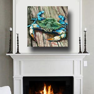 Louisiana Blue Crab on Dock, New Orleans Seafood Painting, Gulf Coast Blue Crab, Louisiana Seafood Art by New Orleans Artist 'Crabby Blue' image 6