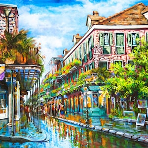 French Quarter painting with vibrant colors and bring to life the street scene, reflecting the old-world atmosphere unique to New Orleans.