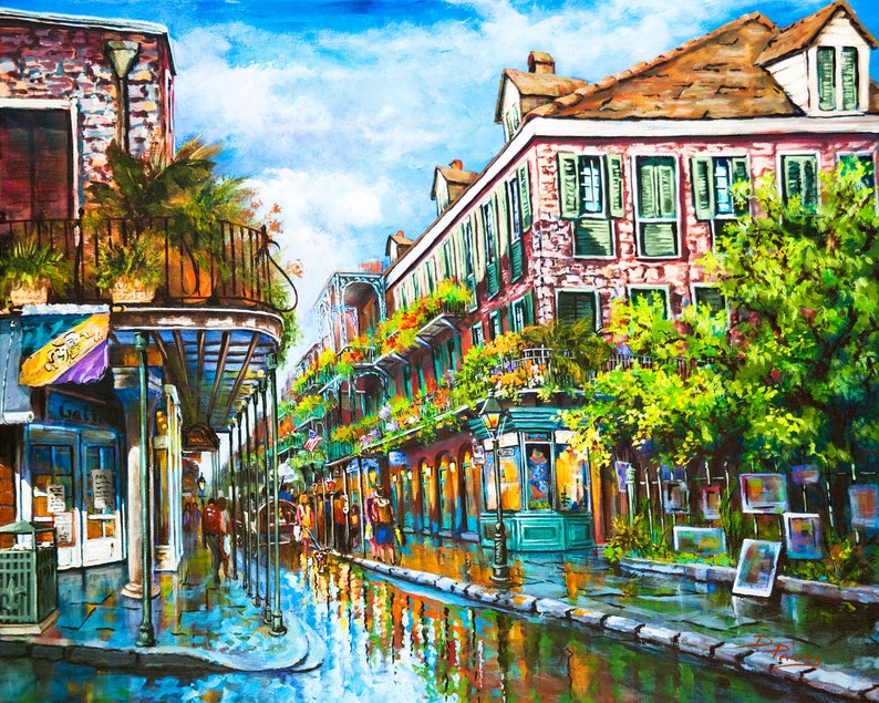 French Quarter painting with vibrant colors and bring to life the street scene, reflecting the old-world atmosphere unique to New Orleans.