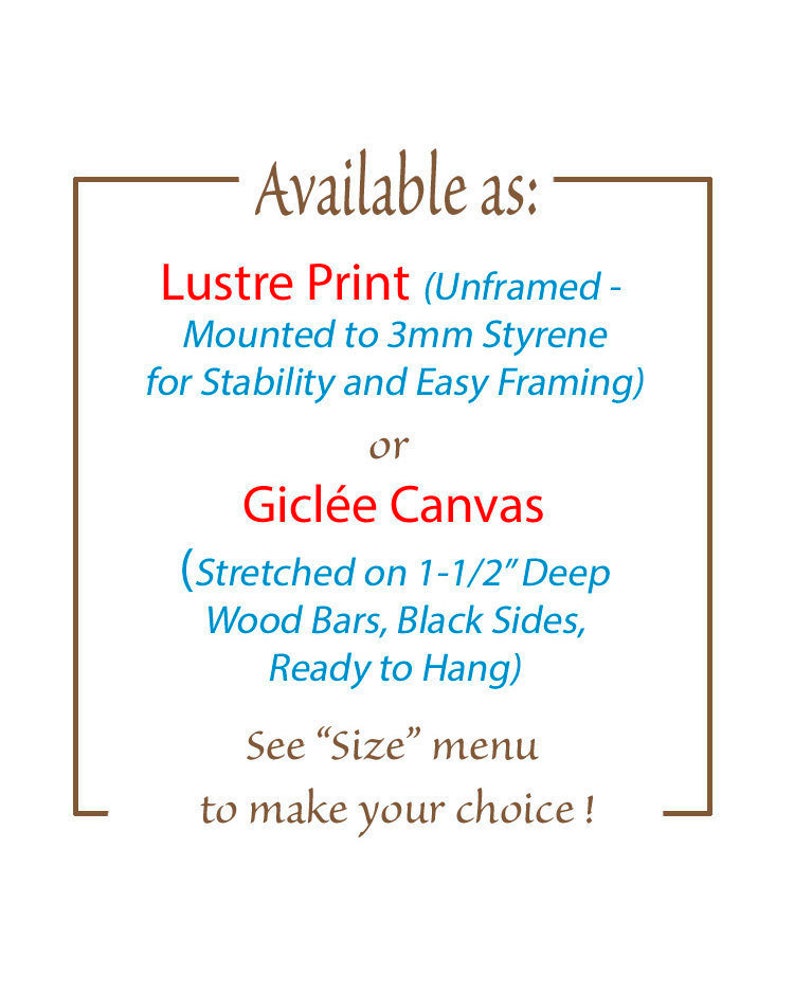 May include: Text within a brown frame that reads "Available as:" followed by two options for purchasing prints: "Lustre Print (Unframed - Mounted to 3mm Styrene for Stability and Easy Framing)" or "Gicl&eacute;e Canvas (Stretched on 1-1/2" Deep Wood Bars, Black Sides, Ready to Hang)". The text concludes with "See "Size" menu to make your choice!"