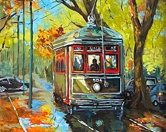 St. Charles Streetcar, New Orleans Streetcar Impressionist Painting, New Orleans Trolley, New Orleans Green Streetcar - 'St. Charles Green'