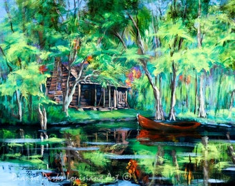 May include: A painting of a wooden cabin in a lush green forest with a red canoe in the water in front of it. The water reflects the trees and the cabin.
