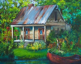 Bayou Cabin Art Print or Giclée Canvas, Louisiana Swamp Scene, Fishing Camp Decor