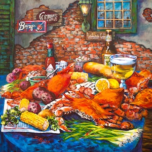 New Orleans Seafood Painting, Boiled Crabs, Tabasco, Dixie Beer, Louisiana Seafood, New Orleans Restaurant Food Art - 'Pontchartrain Crabs'