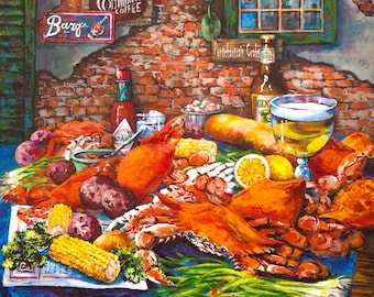 New Orleans Seafood Painting, Boiled Crabs, Tabasco, Dixie Beer, Louisiana Seafood, New Orleans Restaurant Food Art - 'Pontchartrain Crabs'
