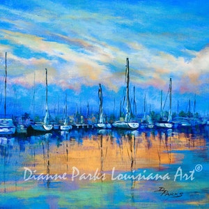 Sailboats at Sunset, Marine Painting,  Louisiana Art,  Sailing Art, New Orleans Art, Louisiana Artist, GICLÉE Canvas or Print, FREE SHIPPING