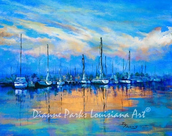 Sailboats at Sunset  Art Print or Giclée Canvas, Louisiana Marine Painting