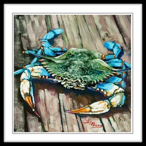 Louisiana Blue Crab on Dock, New Orleans Seafood Painting, Gulf Coast Blue Crab, Louisiana Seafood Art by New Orleans Artist 'Crabby Blue' image 3