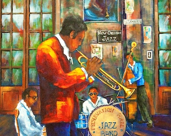 May include: A painting of a jazz band playing in a dimly lit room. The band is made up of a trumpet player, a drummer, and a bass player. The trumpet player is wearing a red jacket and blue pants. The drummer is wearing a white shirt and black pants. The bass player is wearing a blue shirt and black pants. The room is decorated with posters and a ceiling fan. The painting is titled "Preservation Hall Jazz Band" and is signed by the artist, Diane Parkes.