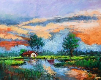 ORIGINAL PAINTING,  Pastel Landscape Painting, Louisiana Landscape Painting, 12" x 9" -  'Sunset on the Bayou'