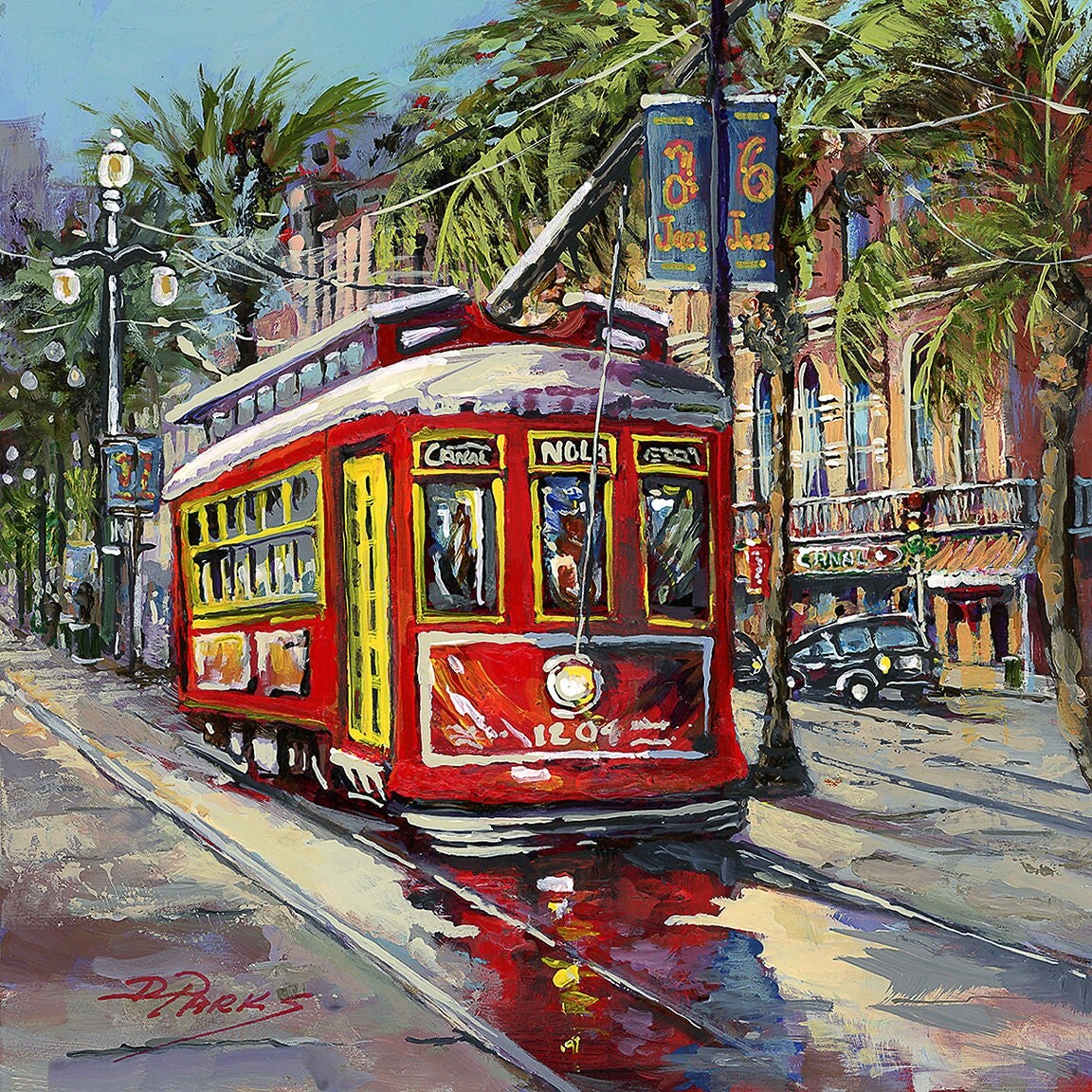 New Orleans Streetcar Painting: Canal Street Red Trolley Art Print