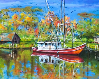 Louisiana Shrimp Boat Art, Louisiana Shrimp Boat Painting, Louisiana Bayou Art, Fishing Painting Gift, GICLÉE Canvas or Print FREE SHIPPING