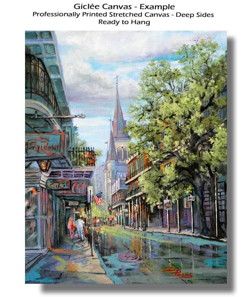 May include: A painting of a street scene in New Orleans, Louisiana. The street is lined with buildings, some of which have balconies. There is a large tree in the center of the street, and a church steeple in the background. The street is wet from rain, and there are reflections of the buildings and trees in the puddles.
