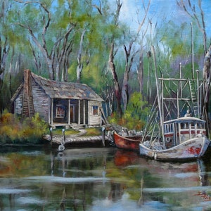 Louisiana Art, Swamp Painting, Bayou Cabin, Shrimp Boat, Louisiana Landscape Painting, Louisiana Bayou, Marine Fishing Art- 'Bayou Shrimper'