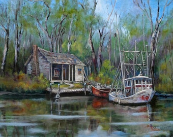 Louisiana Art, Swamp Painting, Bayou Cabin, Shrimp Boat, Louisiana Landscape Painting, Louisiana Bayou, Marine Fishing Art- 'Bayou Shrimper'