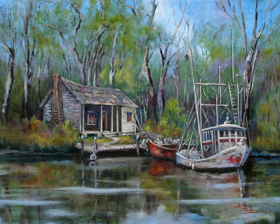 Louisiana Art Swamp Painting Bayou Cabin Shrimp Boat Etsy