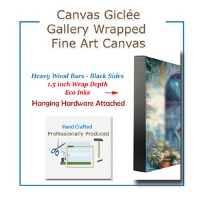 May include: A gallery wrapped canvas print with a 1.5 inch depth. The canvas is stretched over heavy wood bars with black sides. The print features a colorful abstract design. The canvas is hand crafted and professionally produced. Eco inks are used in the printing process. Hanging hardware is attached to the back of the canvas.