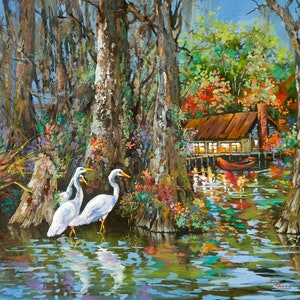 Louisiana Bayou Art, Egrets, Herons, Louisiana Swamp and Bayou Cabin, Louisiana Wildlife Art, Louisiana Bayou Swamp Art - 'The Gathering'