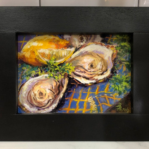 ORIGINAL PAINTING, Oysters, Three Oysters & Lemon, Dianne Parks Artist, Small Pastel on Professional Paper, Mounted, Framed -  'Just Three'