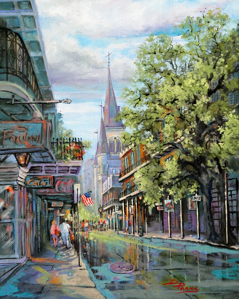 May include: A painting of a street scene in New Orleans, Louisiana. The street is lined with buildings, some with balconies, and there is a large tree in the center of the street. The street is wet from rain, and there are people walking on the sidewalk. The painting is done in a realistic style, with bright colors and detailed brushstrokes.