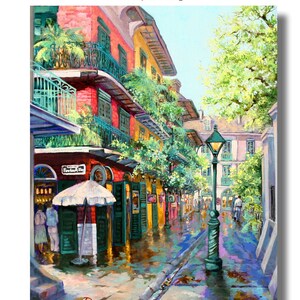 Canvas view of a vibrant New Orleans French Quarter scene, Pirates Alley is depicted with colorful buildings adorned with balconies and lush greenery.