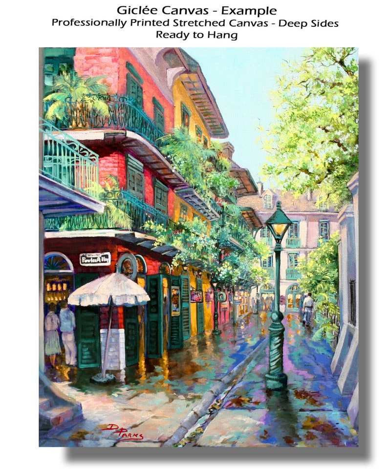Canvas view of a vibrant New Orleans French Quarter scene, Pirates Alley is depicted with colorful buildings adorned with balconies and lush greenery.