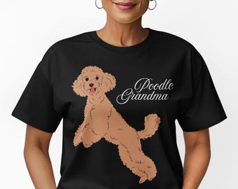 May include: Black t-shirt featuring a cartoon illustration of a brown poodle with its tongue out. The words "Poodle Grandma" are written in a cursive font on the right side of the poodle.