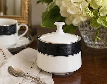 Vintage Noritake Mirano 6878 Covered Sugar Bowl Black Floral Platinum Trim Japan