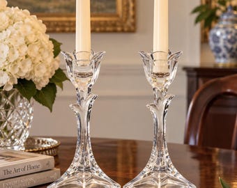 Vintage Tuscany Classics Tulip Crystal Candlesticks Pair 24 Lead Crystal 8 Inch Original Box