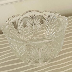 Peut inclure: Un bol en verre transparent avec un bord festonn&eacute; et un motif d&eacute;taill&eacute; de feuilles de foug&egrave;re. Le bol a une forme arrondie et est probablement utilis&eacute; pour servir ou d&eacute;corer. Le verre transparent laisse passer la lumi&egrave;re.