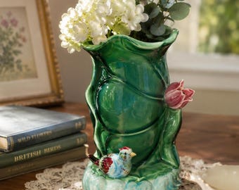 Vintage Ceramic Bird Vase Green Tree Trunk Pink Flower Applied Bird Cottage Decor