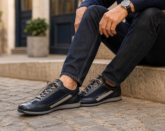 Bugatti Thorello Mens Leather Sneakers EU 42 Navy Blue Lace Up Designer Sneakers