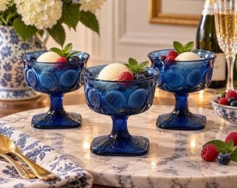 Vintage Noritake Spotlight Blue Sherbet Glasses Set of 3 Cobalt Blue Coupe Goblets
