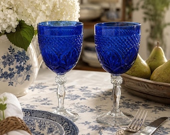 Vintage Cristal d Arques Durand Sapphire Blue Water Wine Goblets Set of 2 French Crystal Stemware Cobalt Blue Glasses 8 Inch