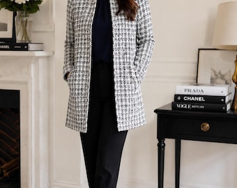 Karl Lagerfeld Paris Tweed Topper Jacket – Black Ivory Navy Boucle Coat