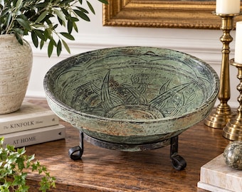 Carved Green Pottery Bowl Iron Stand Rustic Tuscan Mediterranean Home Decor
