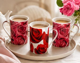Red Rose Coffee Mugs Set of 3 Floral Ceramic Latte Cups Finecasa New